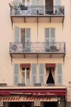 Load image into Gallery viewer, Le grand Balcon restaurant in old town Nice, Côte d’Azur French Riviera South of France blue shutters balconies wall art photography