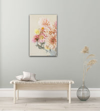 Load image into Gallery viewer, Garden dahlias in pink, blush and lemon in a French style urn. Vertical portrait. Café au Lait. 
