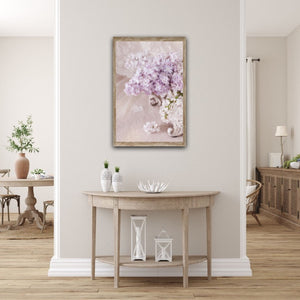 Lilac flowers arranged in a vintage style jardiniére vase Wall hall table console 