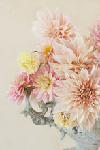 Load image into Gallery viewer, Cafe au Lait, pink and lemon dahlias garden flowers arrangement
