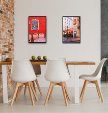 Load image into Gallery viewer, Red Café wall in Montmartre Paris with menu board and French café table and chairs , cafe Le Buci saint Germain
