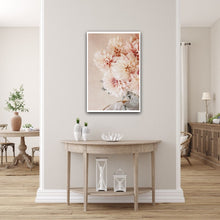 Load image into Gallery viewer, Blush pink cafe au Lait dahlia flower arrangement console table Hamptons style
