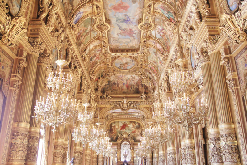  the grand foyer at the opera garnier, paris france. chandeliers