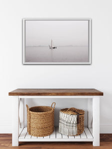sailboat on the Gouwzee lake in the netherlands spring morning mist grey wall art photography hamptons style 