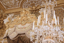 Load image into Gallery viewer, the Queens Chamber, marie antoinettes room at chateau de versailles, chandelier and tapestry bed canopy france wall art decor photograph
