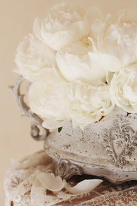White cream peony peonies in an antique style jardiniére vase